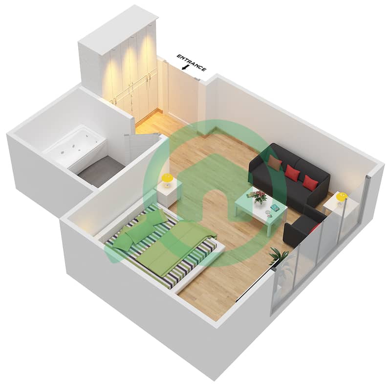 المخططات الطابقية لتصميم الوحدة 2 FLOOR 1 شقة استوديو - فندق ويندهام دبي مارينا interactive3D
