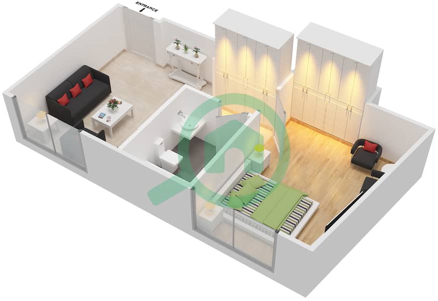 المخططات الطابقية لتصميم الوحدة 3 FLOOR 1 شقة 1 غرفة نوم - فندق ويندهام دبي مارينا interactive3D