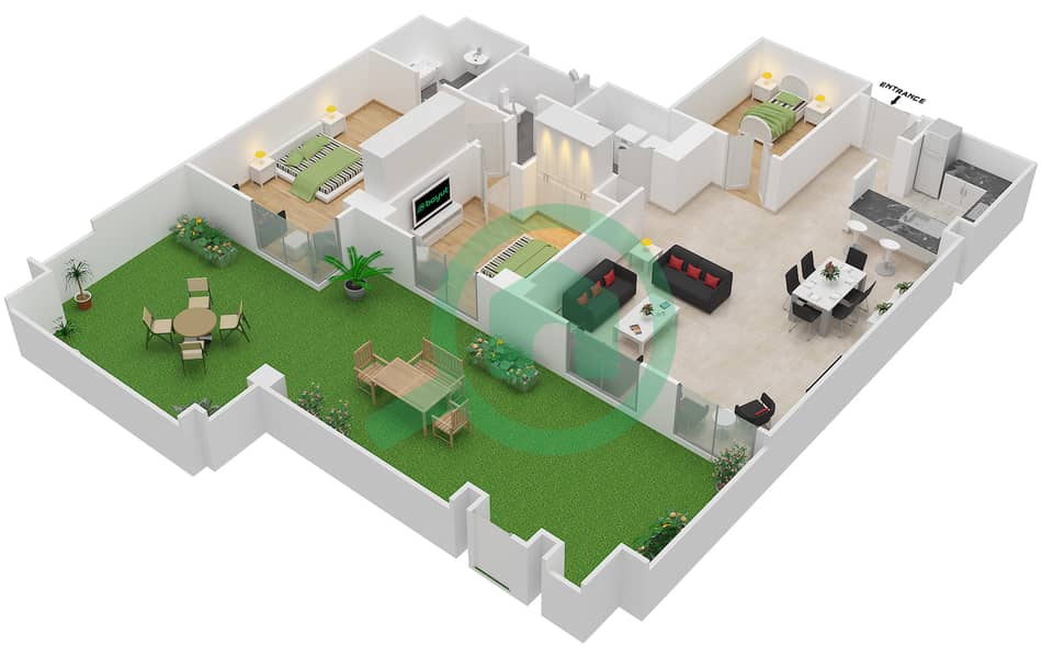Al Fairooz Tower - 3 Bedroom Apartment Suite G02 Floor plan interactive3D