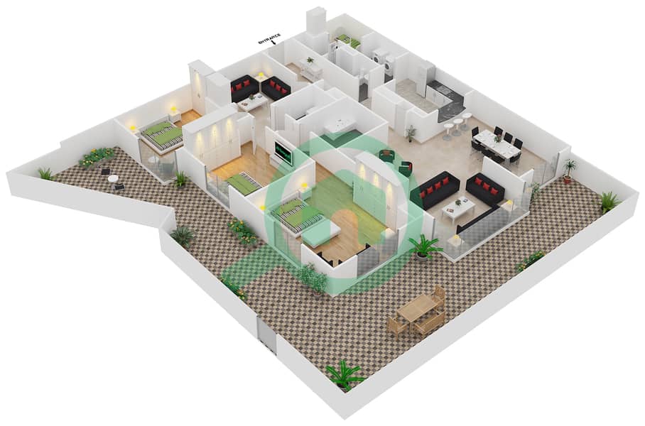 Al Fairooz Tower - 3 Bedroom Apartment Suite G01 Floor plan interactive3D
