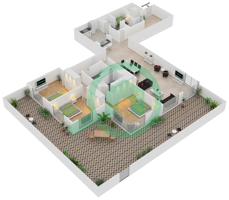 Al Fairooz Tower - 3 Bedroom Apartment Suite G03 Floor plan interactive3D