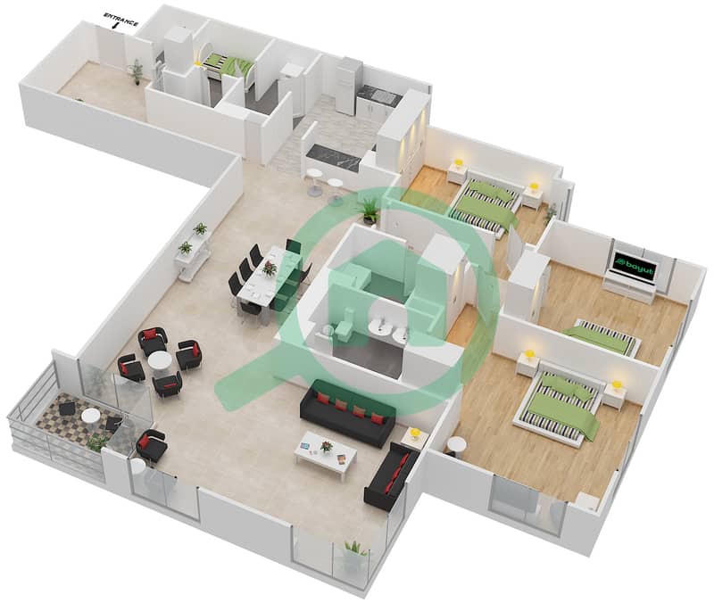 Al Fairooz Tower - 3 Bedroom Apartment Suite 304-904 Floor plan interactive3D
