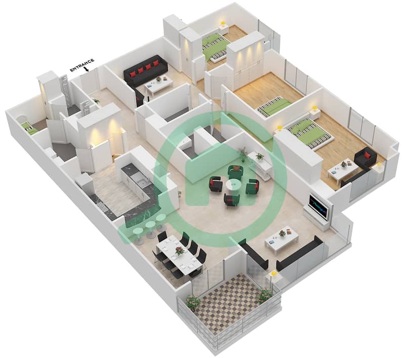 Тауэр Аль Файруз - Апартамент 3 Cпальни планировка Гарнитур, анфилиада комнат, апартаменты, подходящий 306-906 interactive3D