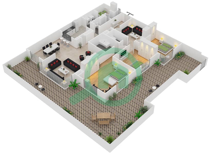Al Fairooz Tower - 3 Bedroom Apartment Suite G06 Floor plan interactive3D