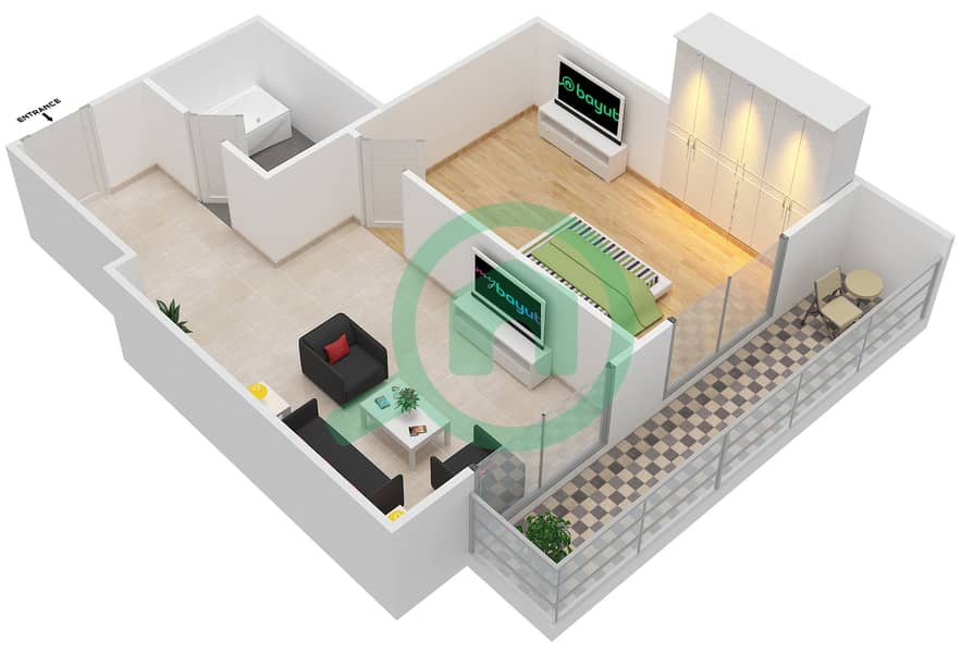 المخططات الطابقية لتصميم الوحدة 8 FLOOR 29 شقة 1 غرفة نوم - فندق ويندهام دبي مارينا interactive3D