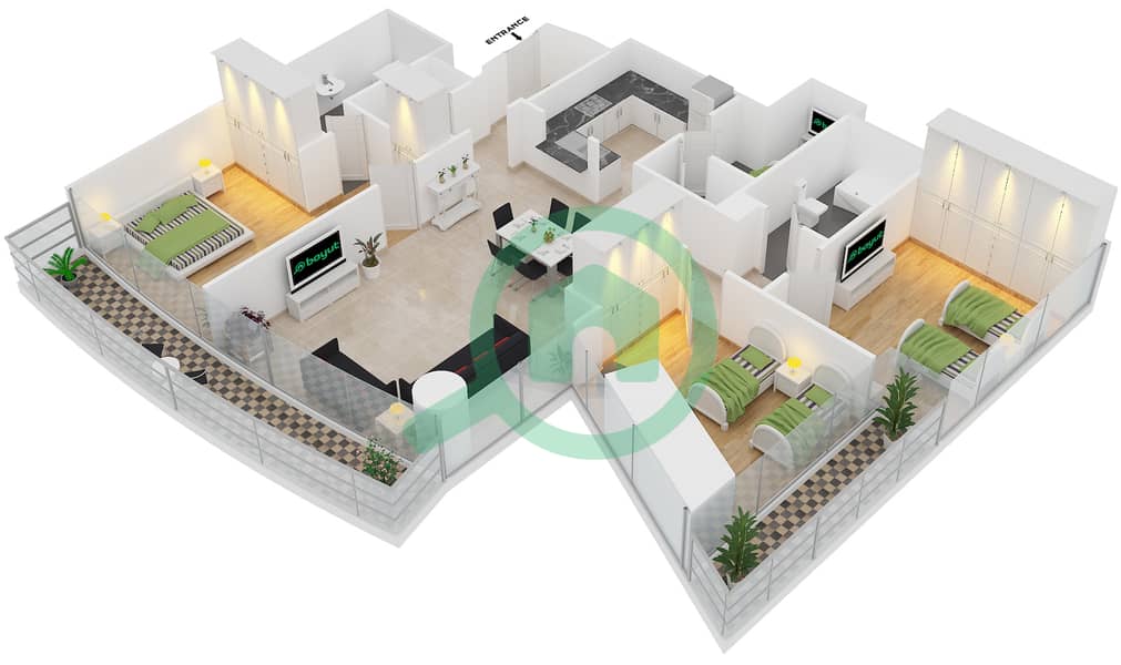 DAMAC Residenze - 3 Bedroom Apartment Type F FLOOR 43 Floor plan interactive3D