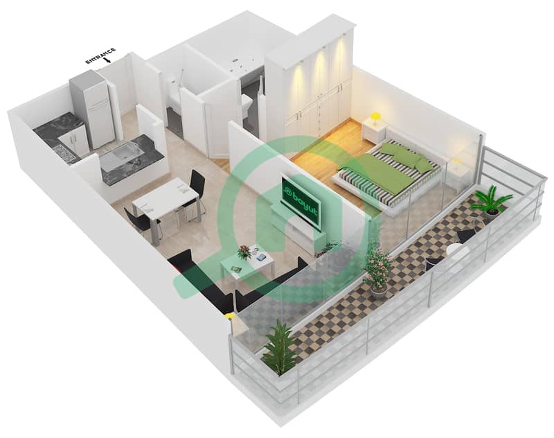 DAMAC Residenze - 1 Bedroom Apartment Type G FLOOR 43,53 Floor plan interactive3D