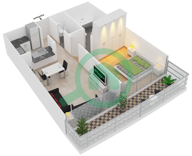 DAMAC Residenze - 1 Bedroom Apartment Type H FLOOR 43,53 Floor plan interactive3D