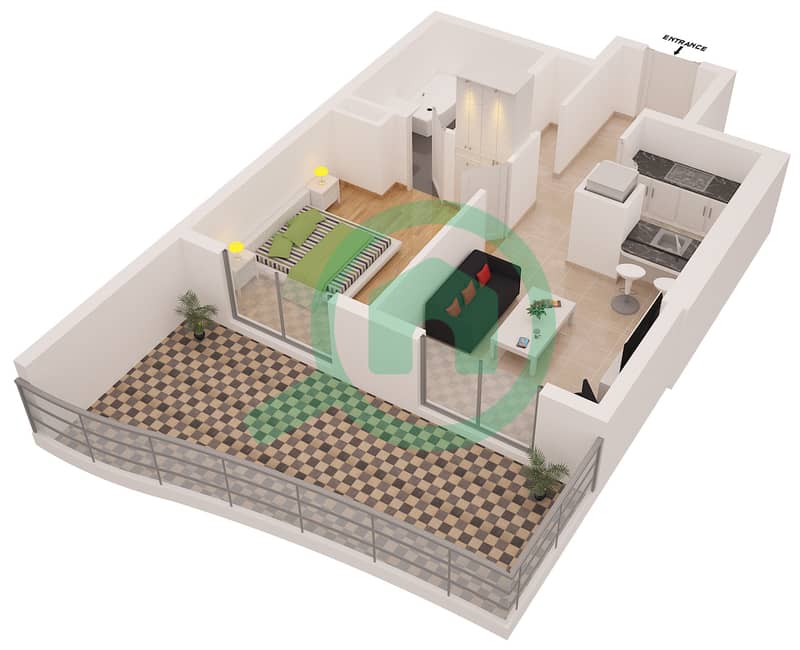 时光之地大楼 - 1 卧室公寓类型2B FLOORS 2-22戶型图 interactive3D
