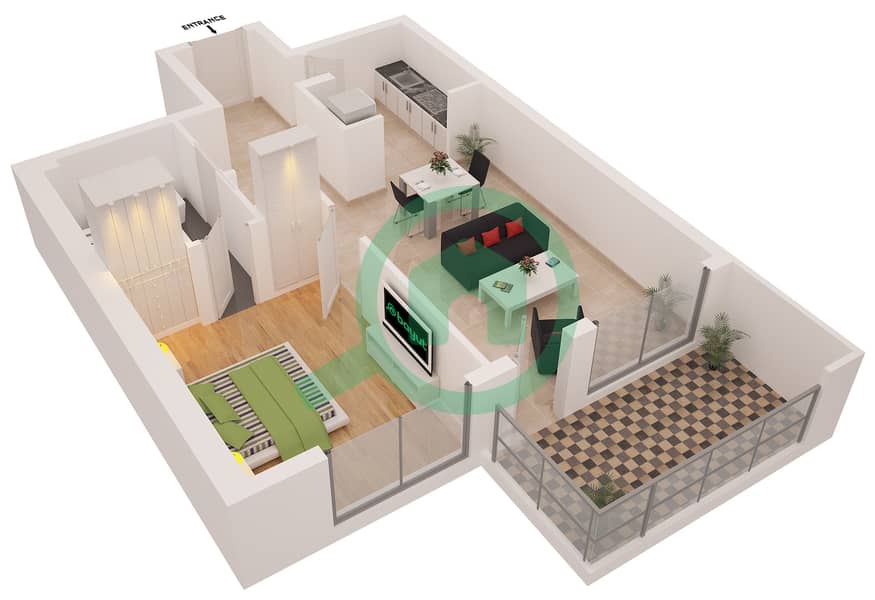المخططات الطابقية لتصميم النموذج 2C FLOORS 23-30 شقة 1 غرفة نوم - برج الزمان والمكان interactive3D
