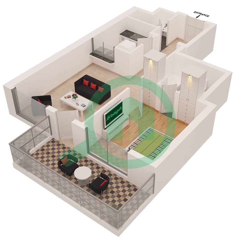 المخططات الطابقية لتصميم النموذج 2A FLOORS 2-22 شقة 1 غرفة نوم - برج الزمان والمكان interactive3D