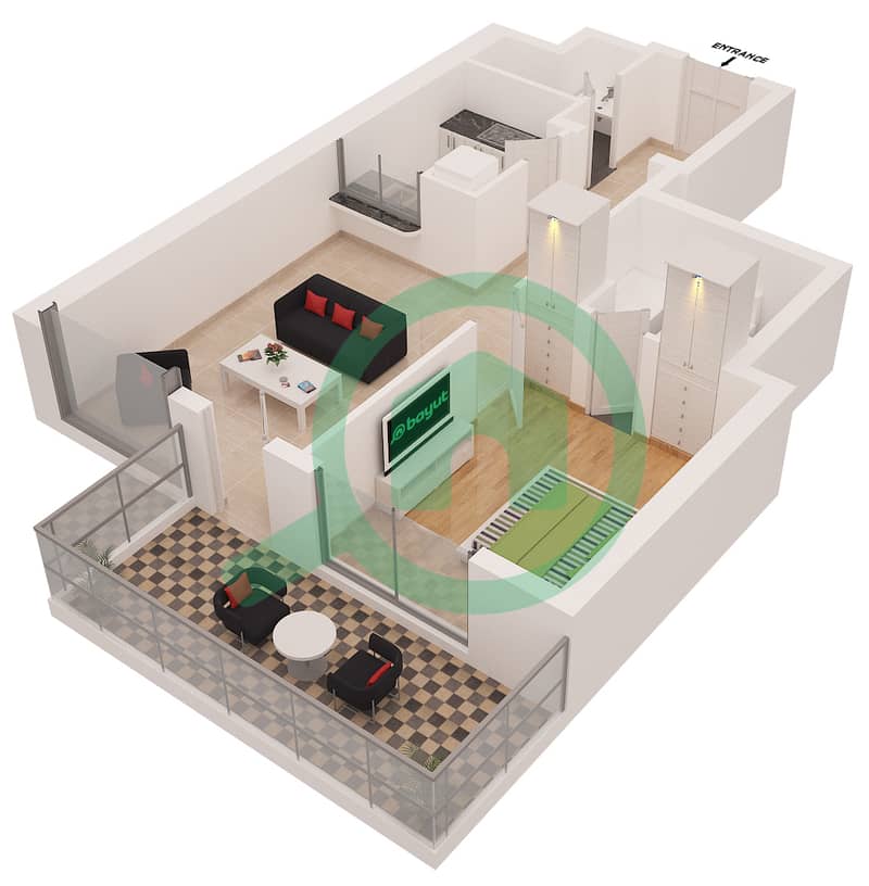 المخططات الطابقية لتصميم النموذج 2A FLOORS 23-30 شقة 1 غرفة نوم - برج الزمان والمكان interactive3D