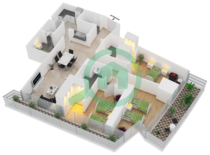 达马克塔楼 - 3 卧室公寓类型D FLOOR 53戶型图 interactive3D