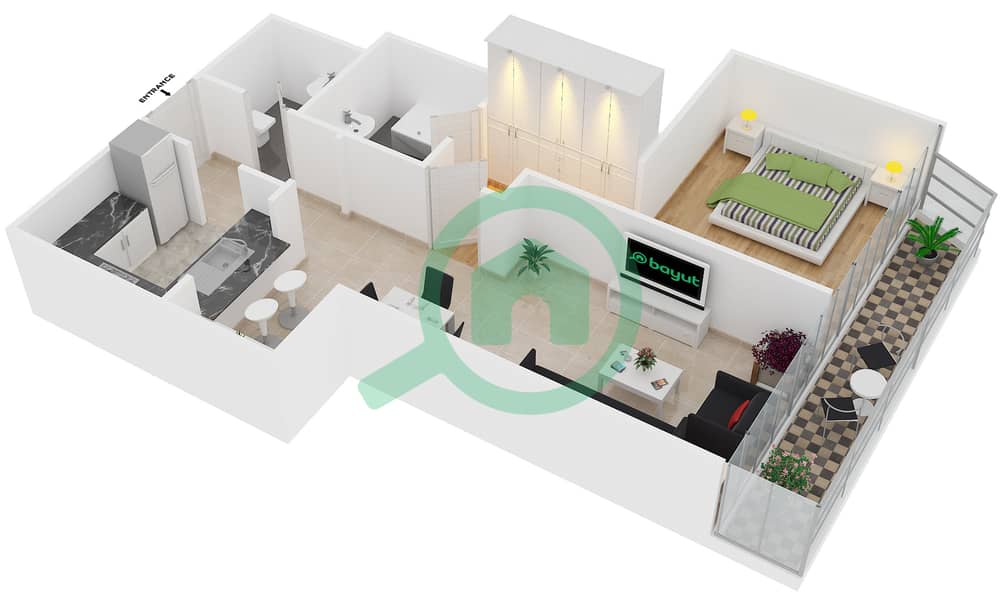 DAMAC Residenze - 1 Bedroom Apartment Type E FLOOR 53 Floor plan interactive3D