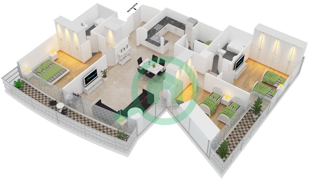 DAMAC Residenze - 3 Bedroom Apartment Type F FLOOR 53 Floor plan interactive3D