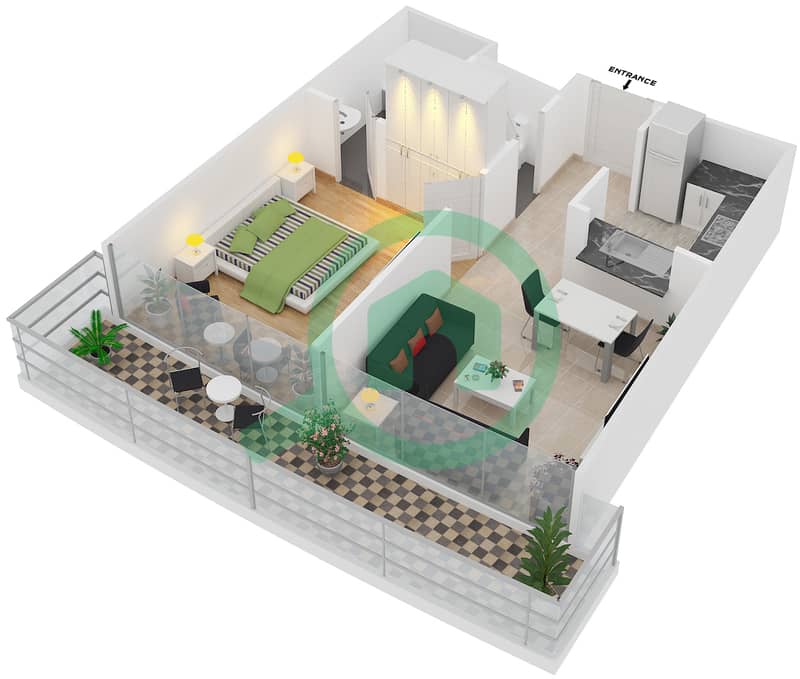 DAMAC Residenze - 1 Bedroom Apartment Type B FLOOR 63 Floor plan interactive3D