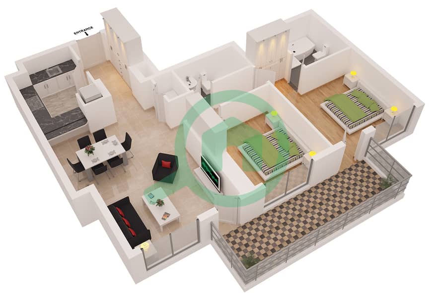 المخططات الطابقية لتصميم النموذج 3 FLOORS 2-22 شقة 2 غرفة نوم - برج الزمان والمكان interactive3D