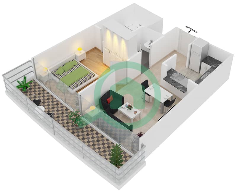 DAMAC Heights - 1 Bedroom Apartment Type D FLOOR 63 Floor plan interactive3D