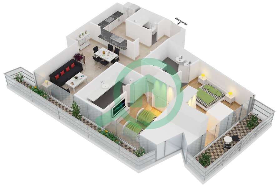 DAMAC Residenze - 2 Bedroom Apartment Type E FLOOR 63 Floor plan interactive3D