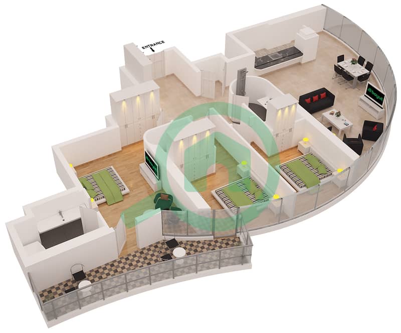 المخططات الطابقية لتصميم النموذج 5 FLOORS 2-22 شقة 3 غرف نوم - برج الزمان والمكان interactive3D