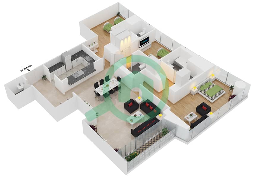 DAMAC Residenze - 3 Bedroom Apartment Type D FLOOR 71 Floor plan interactive3D