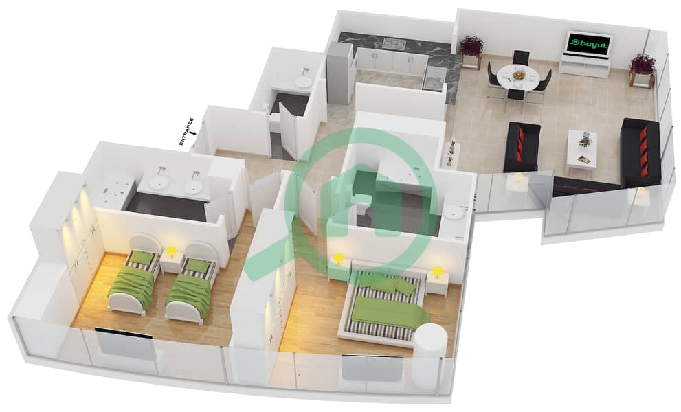 DAMAC Residenze - 2 Bedroom Apartment Type A FLOOR 77 Floor plan interactive3D