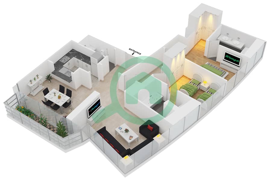 Дамак Резиден - Апартамент 2 Cпальни планировка Тип B FLOOR 77 interactive3D