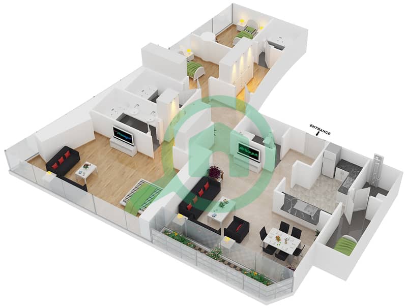 DAMAC Residenze - 3 Bedroom Apartment Type C FLOOR 71 Floor plan interactive3D