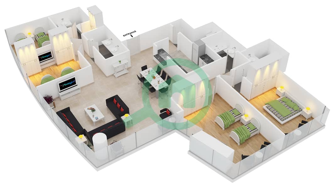 Дамак Резиден - Апартамент 4 Cпальни планировка Тип A FLOOR 71 interactive3D