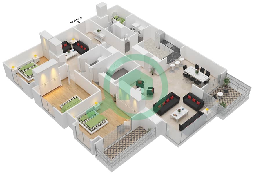 阿尔法罗兹大厦 - 3 卧室公寓套房1戶型图 interactive3D
