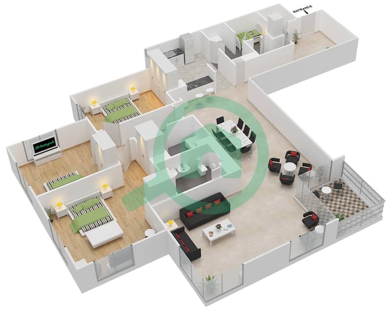 Al Fairooz Tower - 3 Bedroom Apartment Suite 3 Floor plan interactive3D