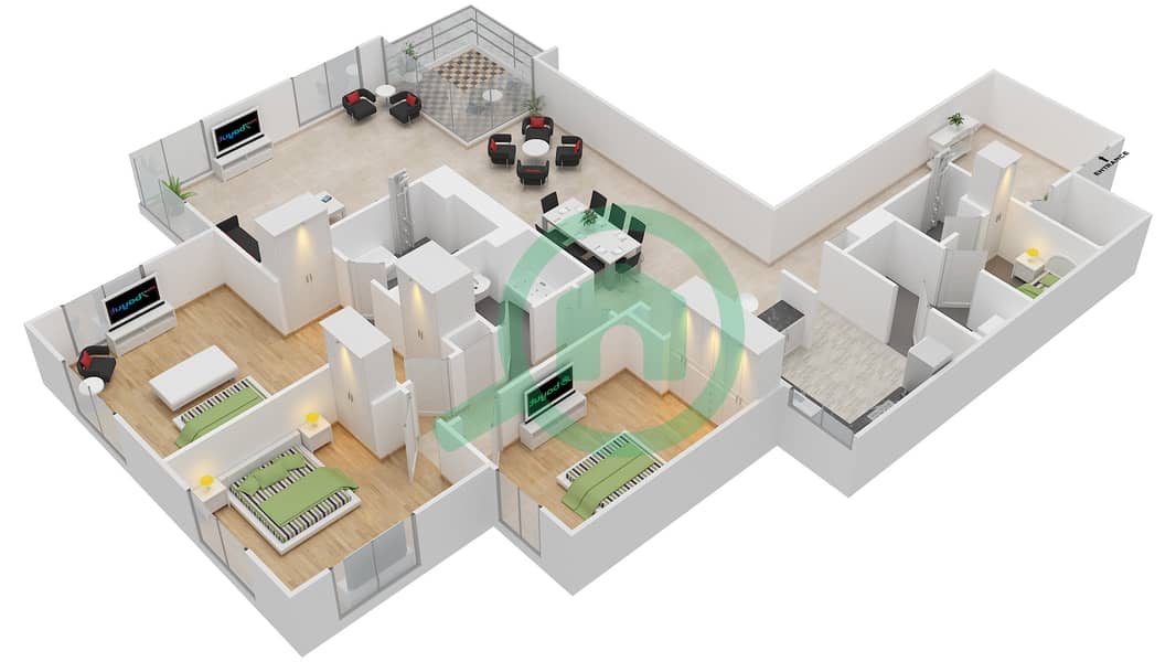 المخططات الطابقية لتصميم التصميم 4 شقة 3 غرف نوم - برج الفيروز interactive3D