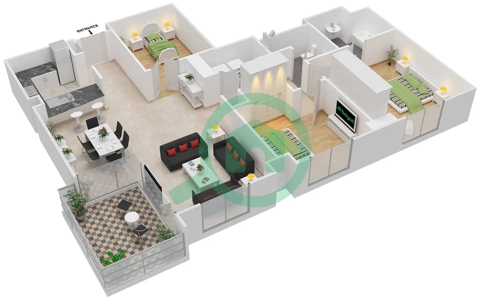 Al Fairooz Tower - 3 Bedroom Apartment Suite 5 Floor plan interactive3D