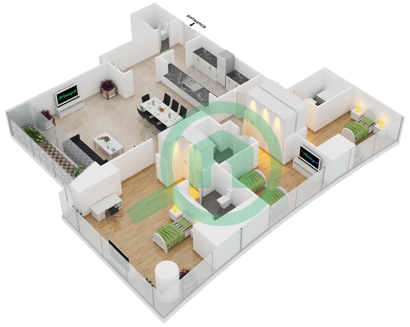 Дамак Резиден - Апартамент 3 Cпальни планировка Тип D FLOOR 77 interactive3D