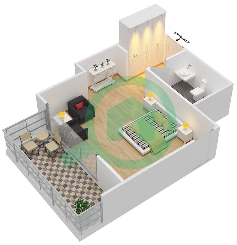 المخططات الطابقية لتصميم الوحدة 12 FLOOR 3 شقة استوديو - فندق ويندهام دبي مارينا interactive3D