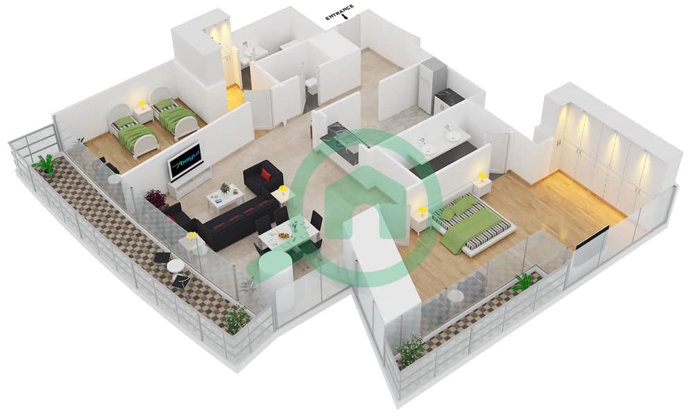 Дамак Резиден - Апартамент 2 Cпальни планировка Тип G FLOOR 63 interactive3D