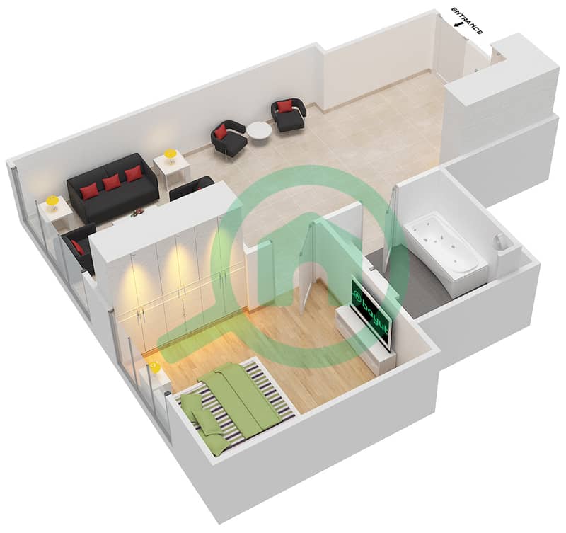 المخططات الطابقية لتصميم الوحدة 8 FLOOR 30 شقة 1 غرفة نوم - فندق ويندهام دبي مارينا interactive3D
