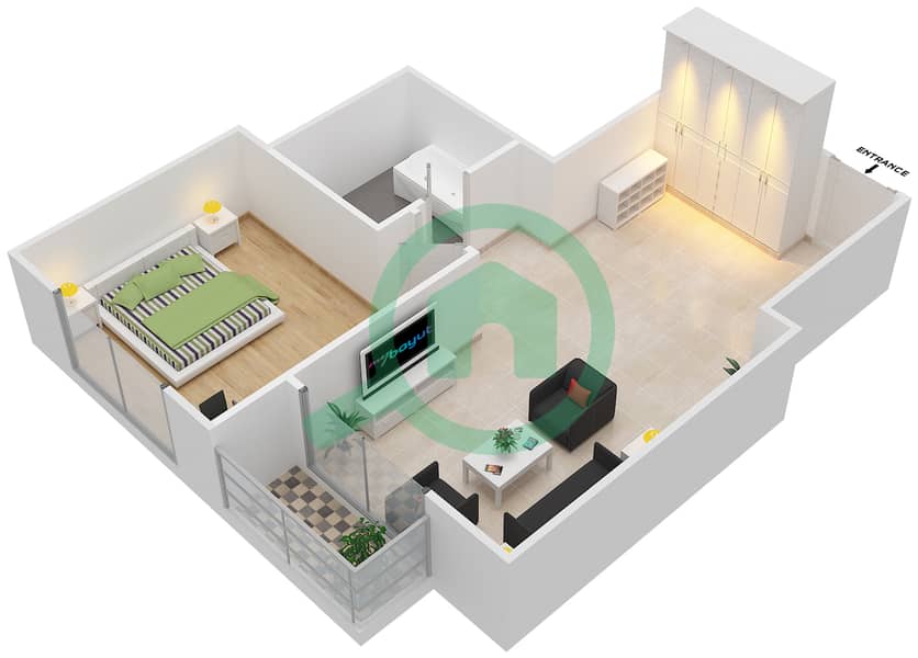 المخططات الطابقية لتصميم الوحدة 9 FLOOR 1 شقة 1 غرفة نوم - فندق ويندهام دبي مارينا interactive3D