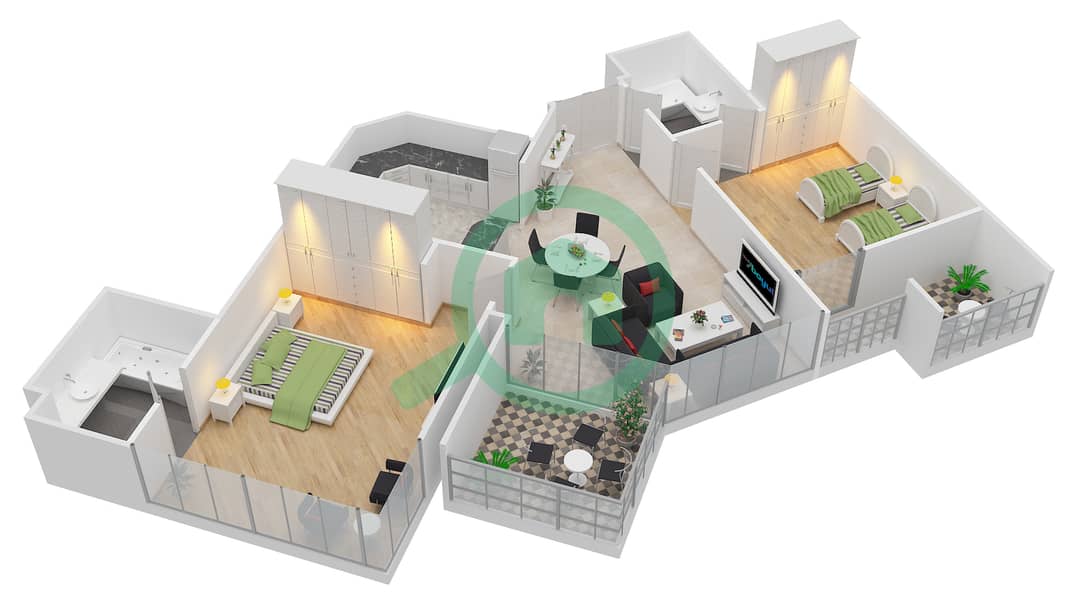 المخططات الطابقية لتصميم النموذج A شقة 2 غرفة نوم - لا ريفييرا interactive3D