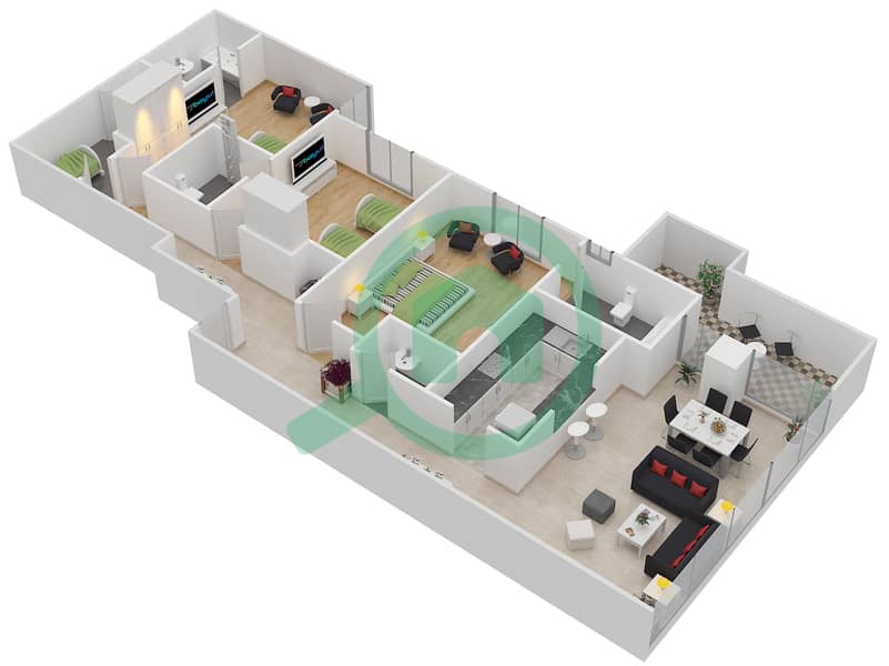 La Riviera - 3 Bedroom Apartment Type A Floor plan interactive3D