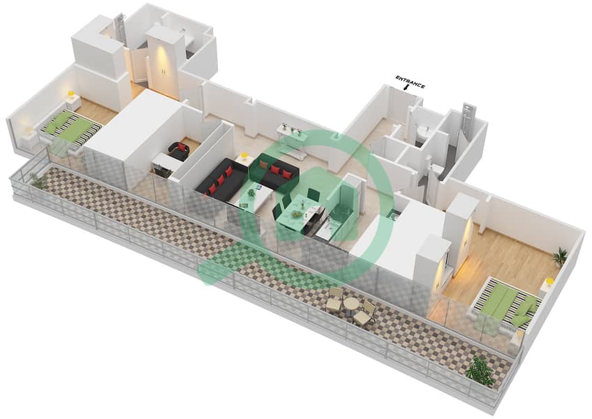 المخططات الطابقية لتصميم النموذج / الوحدة J / 1 FLOOR 3-5 شقة 2 غرفة نوم - فيدا ريزيدنس دبي مارينا J / Unit 1 Floor 3-5 interactive3D