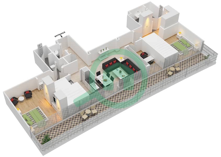 المخططات الطابقية لتصميم النموذج / الوحدة K / 2 FLOOR 3-5 شقة 2 غرفة نوم - فيدا ريزيدنس دبي مارينا K / Unit 2 Floor 3-5 interactive3D