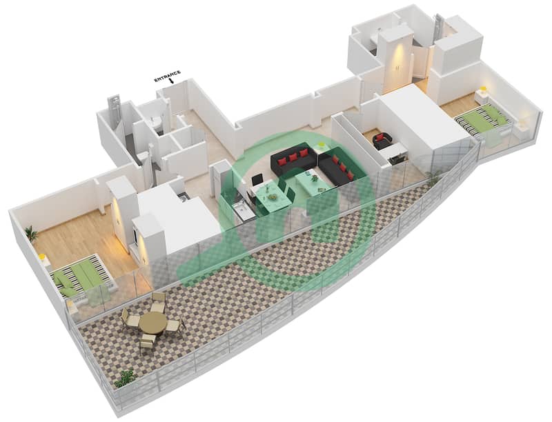 Вида Резиденции Дубай Марина - Апартамент 2 Cпальни планировка Тип/мера G / 2 FLOOR 2 G / Unit 2 Floor 2 interactive3D