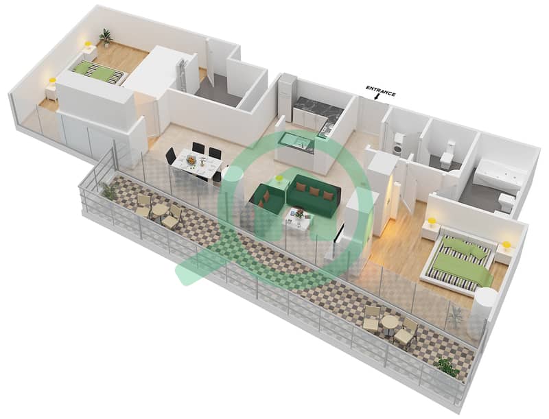 المخططات الطابقية لتصميم النموذج / الوحدة H / 3 FLOOR 2 شقة 2 غرفة نوم - فيدا ريزيدنس دبي مارينا H / Unit 3 Floor 2 interactive3D