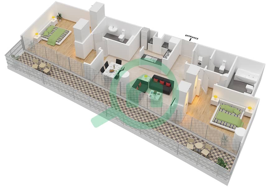 المخططات الطابقية لتصميم النموذج / الوحدة I / 4 FLOOR 2-5 شقة 2 غرفة نوم - فيدا ريزيدنس دبي مارينا I / Unit 4 Floor 2-5 interactive3D