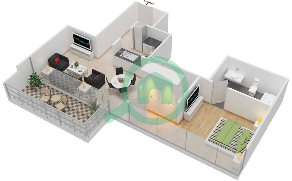 迪拜滨海维达公寓 - 1 卧室公寓类型／单位B,C / 4,7 FLOOR 14-24戶型图 B,C / Unit 4,7 Floor 14-24 interactive3D