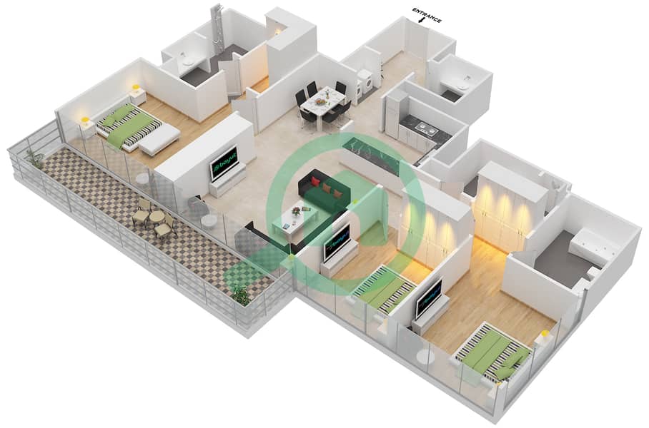 المخططات الطابقية لتصميم النموذج / الوحدة C,D / 1-10 FLOOR 20-54 شقة 3 غرف نوم - فيدا ريزيدنس دبي مارينا C,D / Unit 1,2,6,8,10 Floor 20-24,26-48,42,43-45,49-54 interactive3D