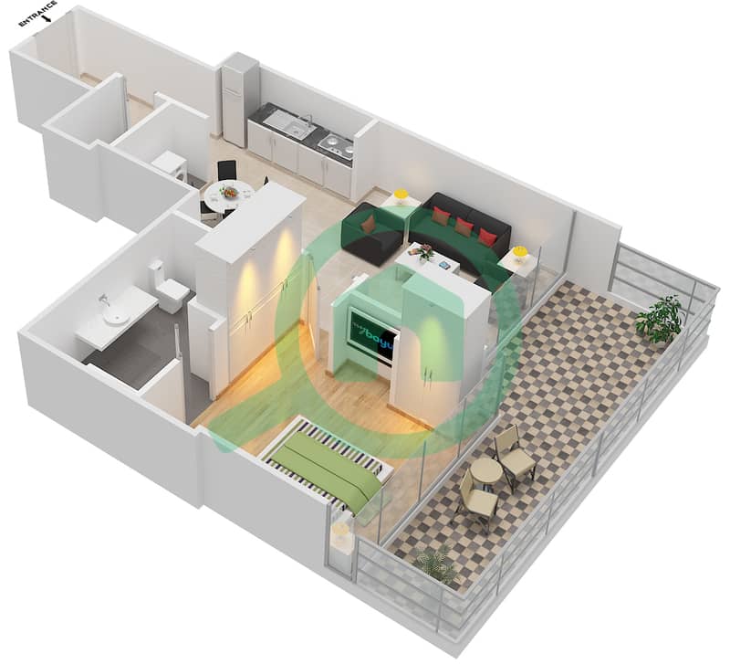 المخططات الطابقية لتصميم النموذج / الوحدة F,G / 2,9 FLOOR 14-24 شقة 1 غرفة نوم - فيدا ريزيدنس دبي مارينا F,G / Unit 2,9 Floor 14-24 interactive3D