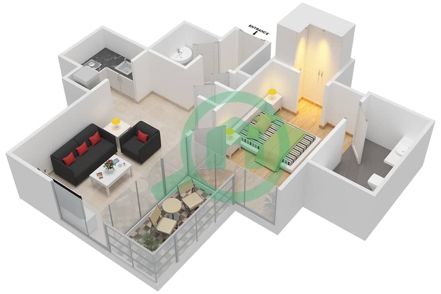 المخططات الطابقية لتصميم النموذج / الوحدة D,E / 3,8 FLOOR 14-24 شقة 1 غرفة نوم - فيدا ريزيدنس دبي مارينا D,E / Unit 3,8 Floor 14-24 interactive3D