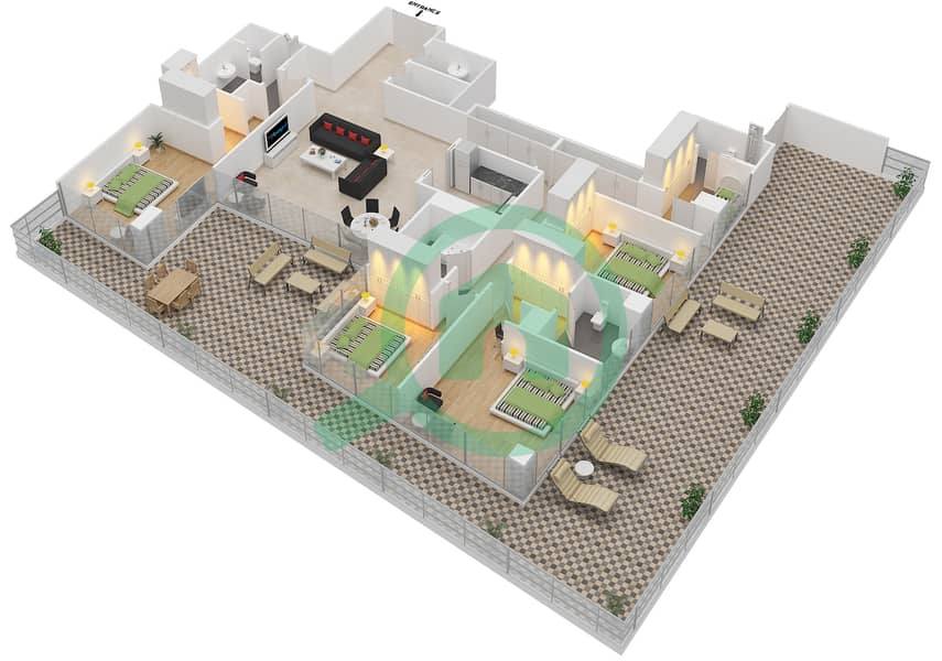 迪拜滨海维达公寓 - 4 卧室顶楼公寓类型／单位D / 2 FLOOR 55-56戶型图 D / Unit 2 Floor 55-56 interactive3D
